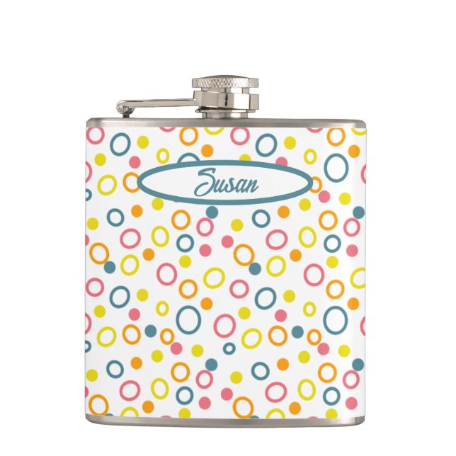 Teal Yellow Pink Orange Circles Dots Hip Flask (Front)