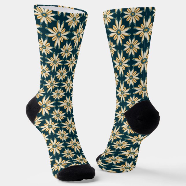 Teal Yellow Retro Daisy Pattern Crew Socks (Angled)