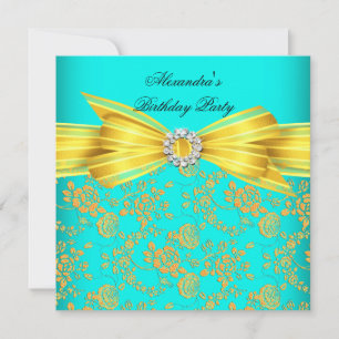 Teal Yellow Rose Damask Birthday Party Invitation