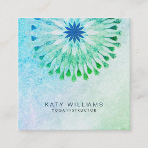 Teal Yoga Instructor Lotus Flower Watercolor Beach Square Business Card