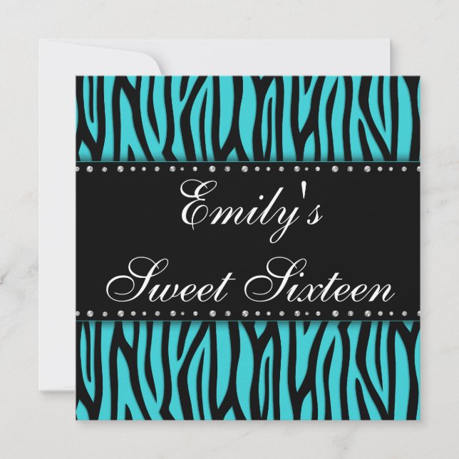 Teal Zebra Diamonds Sweet 16 Birthday Invitations (Front)