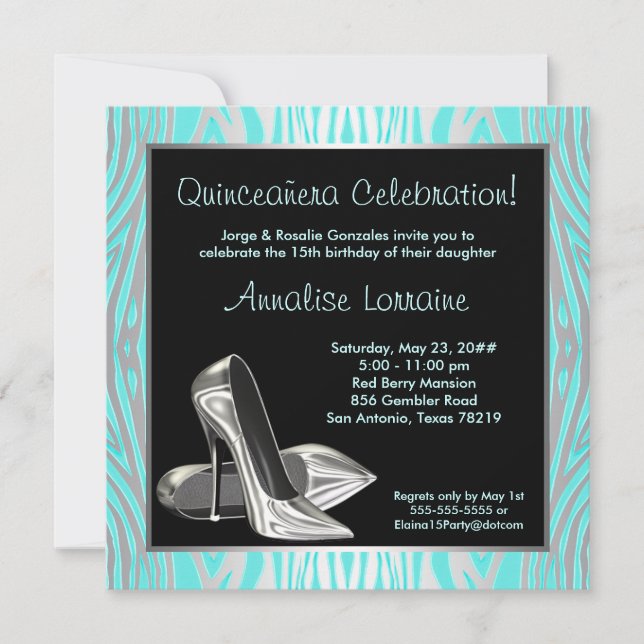 Teal Zebra High Heels Quinceanera 15th Party Invitation (Front)