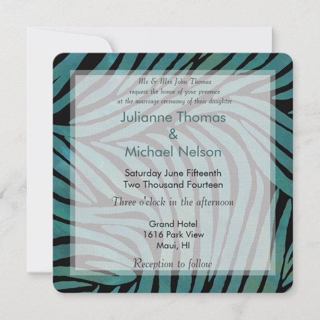 Teal Zebra Print Wedding Invitation (Front)