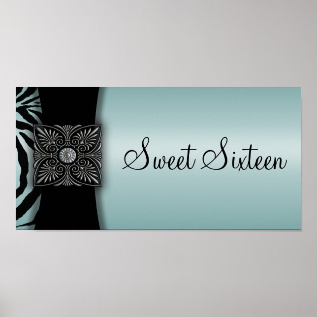 Teal Zebra Sweet Sixteen Party Banner Poster (Front)