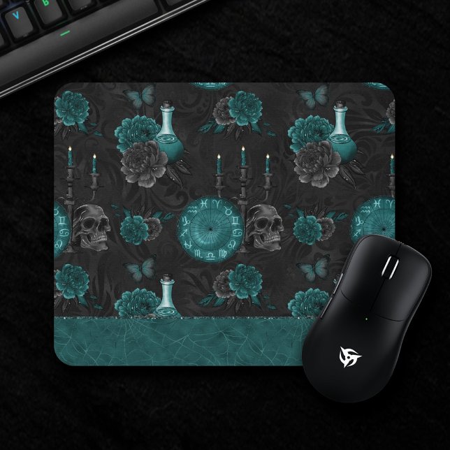 Teal Zodiac Magic | Green Gothic Skull Roses Mouse Pad (Creator Uploaded)