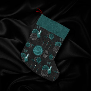 Teal Zodiac Magic   Green Gothic Skull Roses Small Christmas Stocking