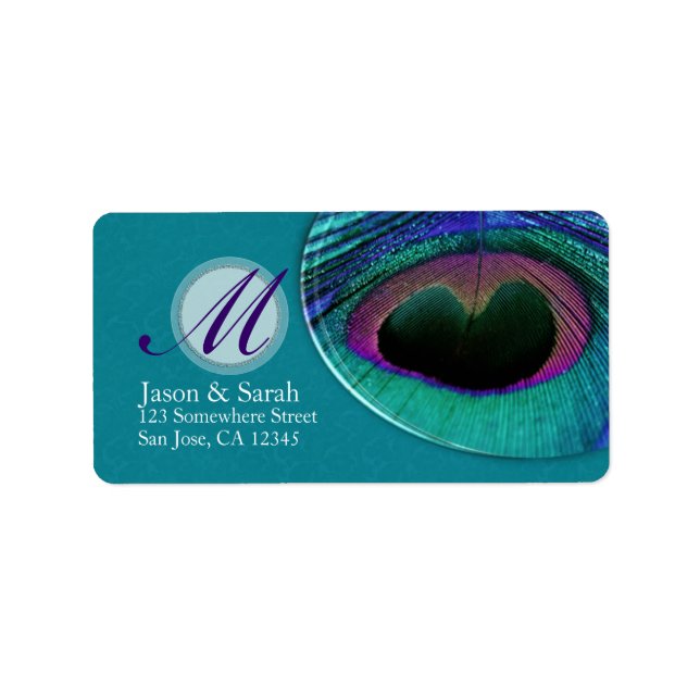 TealPurple Peacock Feather Monogram Address Label (Front)
