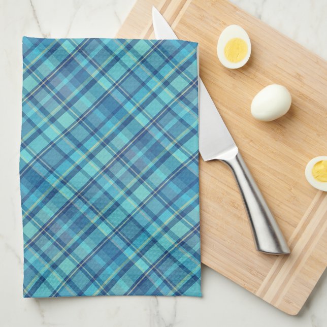 Teals, Blue & Yellow Plaid Kitchen Towel (Quarter Fold)