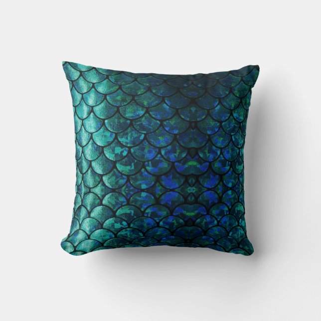 Teals & Ocean Blues on Mermaid Design Throw Pillow (Front)