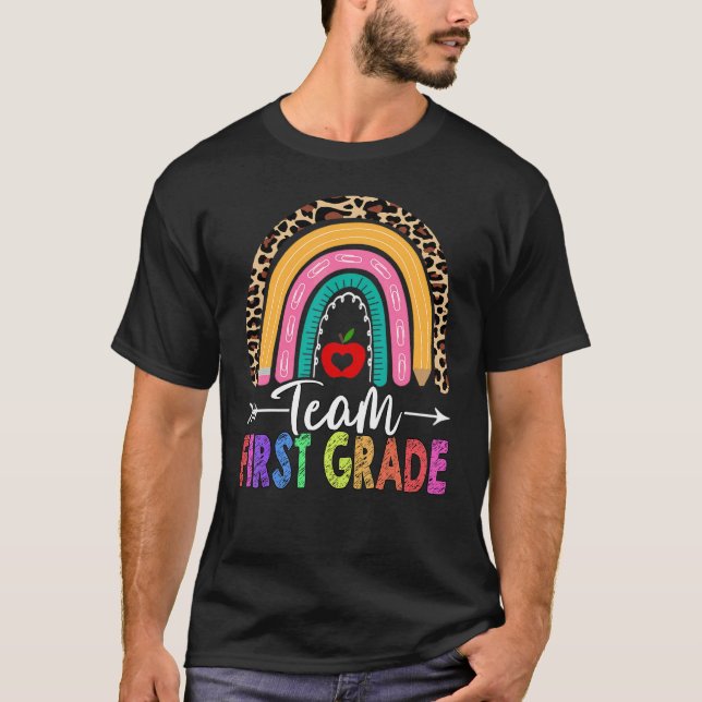Team 1st First Grade Teacher Rainbow Leopard Back  T-Shirt (Front)