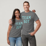 Team Baby Boy Aqua Blue Gender Reveal Party T-Shirt<br><div class="desc">Aqua blue sporty "Team Boy" men's tee shirt design in sporty lettering on dark grey</div>