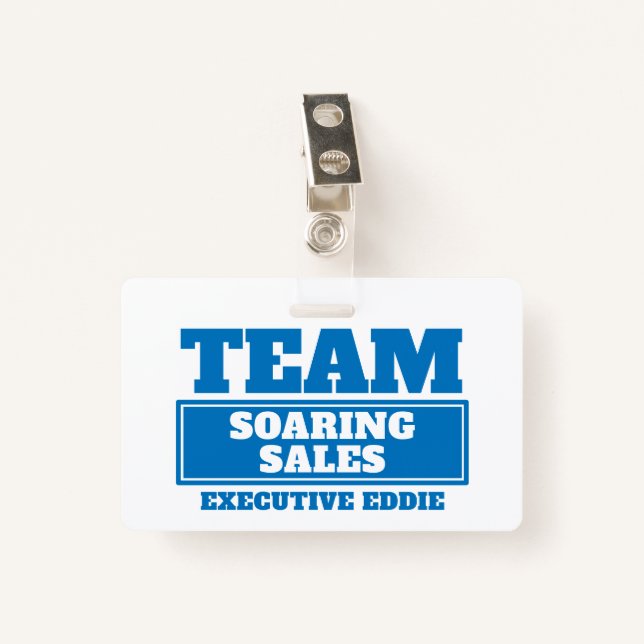 Team blue personalized name team building badge (Front with Clip)