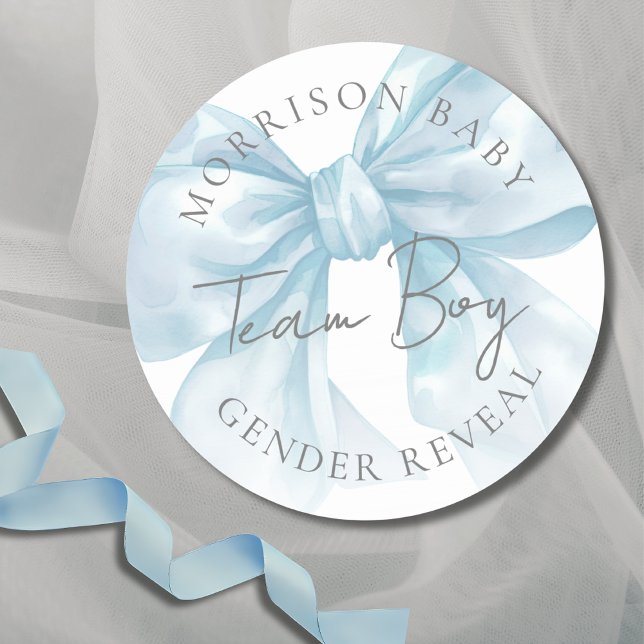 Team Boy Blue Bow Gender Reveal Classic Round Sticker (Team Boy Blue Bow Gender Reveal Classic Round Sticker )