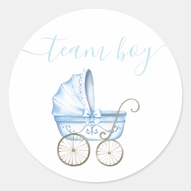 Team Boy, Blue Stroller Gender Reveal Classic Round Sticker (Front)