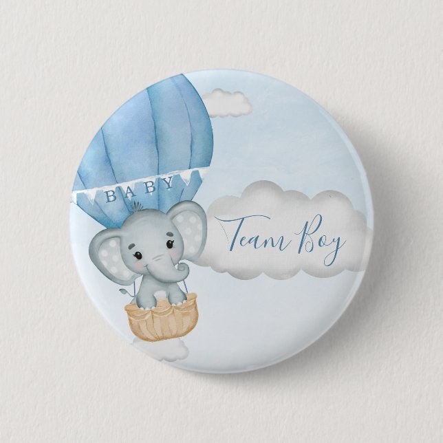Team Boy Elephant Balloon Baby Shower 2 Inch Round Button (Front)