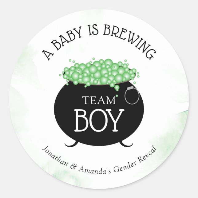 Team Boy Halloween Baby Brewing Gender Reveal  Classic Round Sticker (Front)