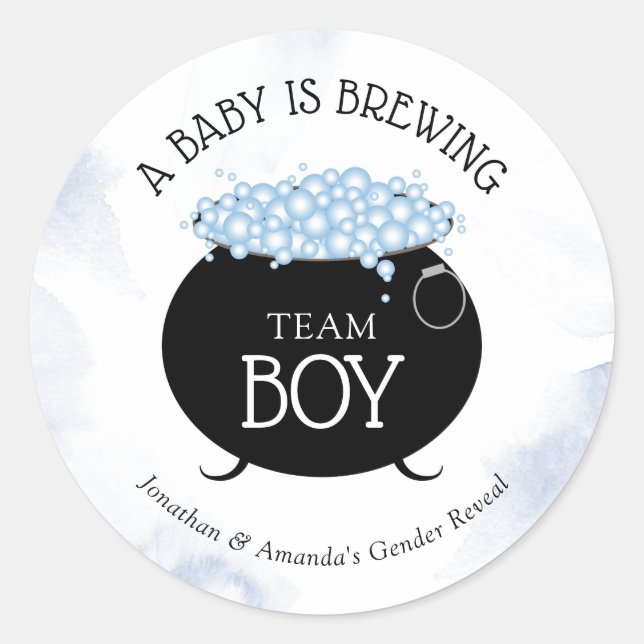 Team Boy Halloween Baby Is Brewing Gender Reveal  Classic Round Sticker (Front)