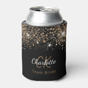 Team Bride black gold glitter monogram name  Can Cooler