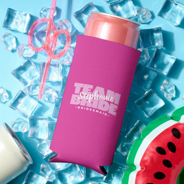 Team Bride Bridesmaid Name Wedding Party Pink Cool Seltzer Can Cooler (In Situ Summer)