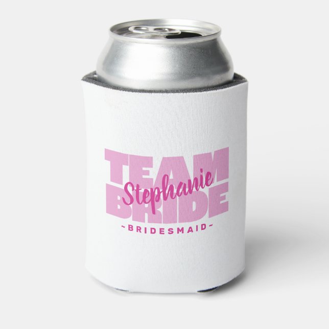 Team Bride Bridesmaid Name Wedding Pink Retro Cool Can Cooler (Can Back)