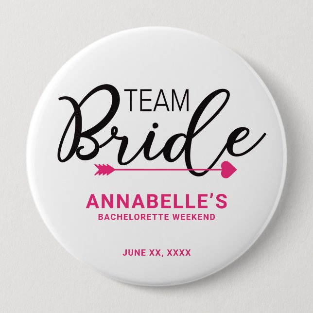 Team Bride Button. Crown, Cupid Arrow WHITE 4 Inch Round Button (Front)