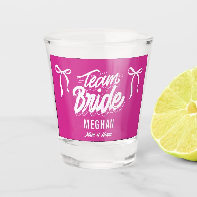 Team Bride Coquette Bow Bridesmaid Wedding Shot Glass (Front)