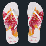 Team Bride | Floral Hawaiian Flip Flops<br><div class="desc">NewparkLane - Get ready for summer with these elegant colourful flip flops, with an exotic Hawaiian Hibiscus flower in red, pink and orange, with 'Team Bride' in elegant script typography. A fun and colourful bohemian theme for a destination wedding. Easy to customize in Zazzle with your own text for a...</div>