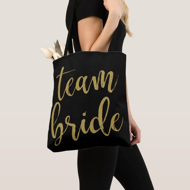 Team Bride Gold Glitter Bridesmaid Bachelorette Tote Bag (Close Up)