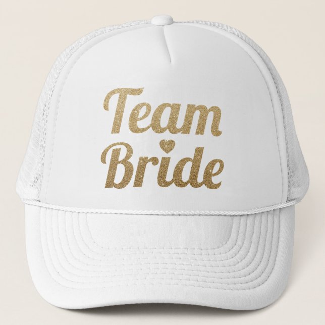 Team Bride Gold Glitter White Mesh Trucker Hat Cap (Front)