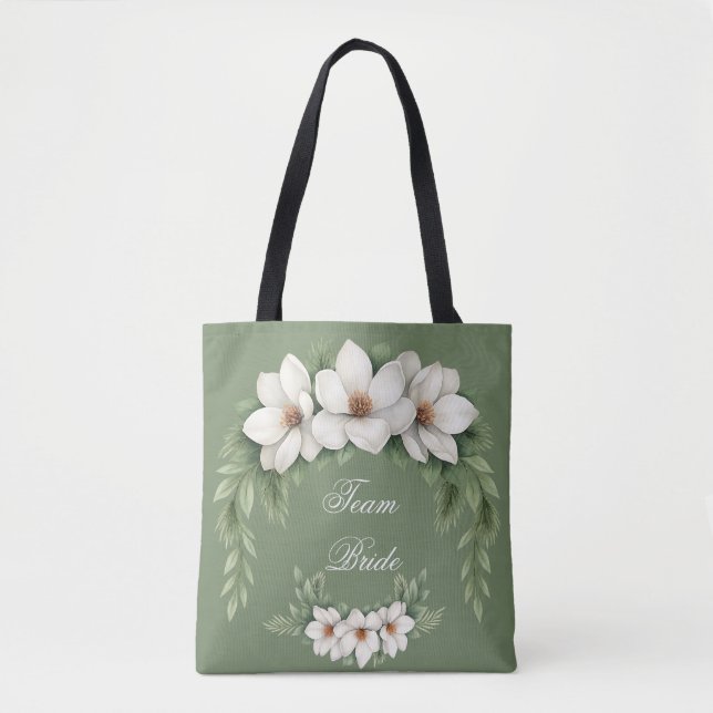 Team Bride Magnolia Winter Wedding Pine Tree Tote Bag (Front)