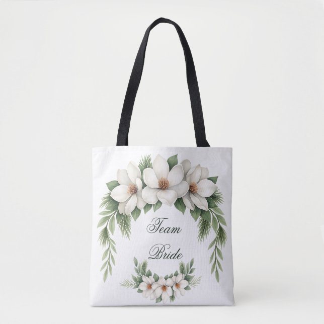 Team Bride Magnolia Winter Wedding Pine Tree Tote Bag (Front)