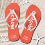Team Bride Peach and White Personalized Flip Flops<br><div class="desc">Peach and white - or any colour - flip flops personalized with your name and "Team Bride" or any wording you choose. Great bridesmaid gift, bachelorette party, flat shoes for the wedding reception, or a fun bridal shower favour. Change the colour straps and footbed, too! More colours done for you...</div>