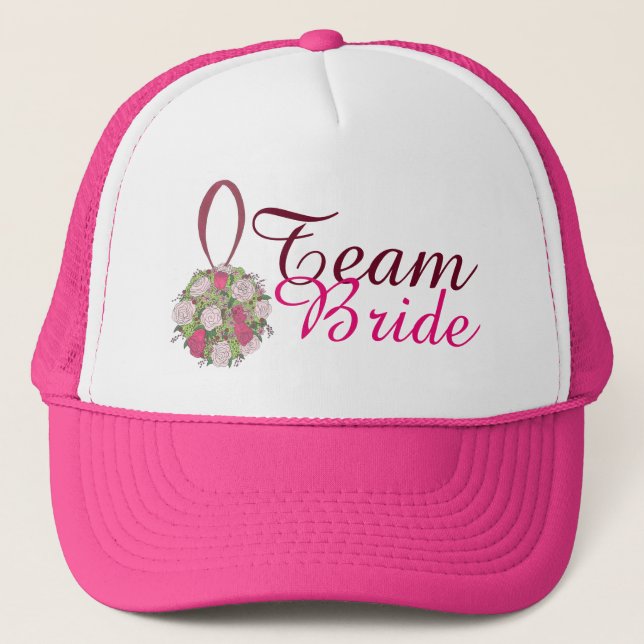 Team Bride Rose Bouquet Wedding Bridal Party Trucker Hat (Front)