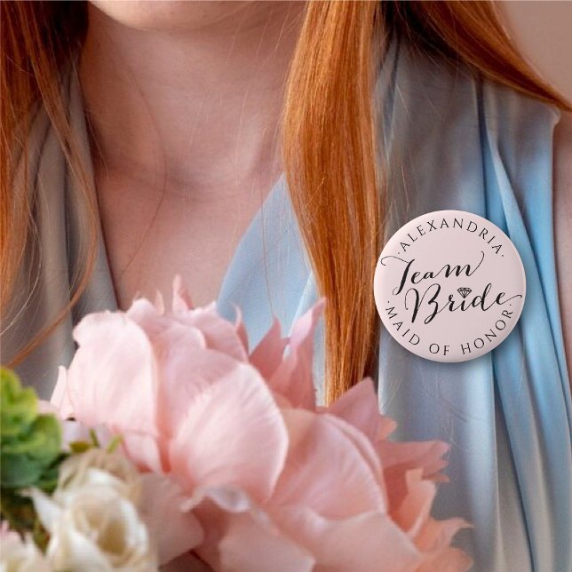 TEAM BRIDE Script Diamond Wedding Bridal Party 2 Inch Round Button (TEAM BRIDE M.O.H. Diamond Classic Script Wedding Bridal Party Pinback Button @ fatfatin_blue_knot)