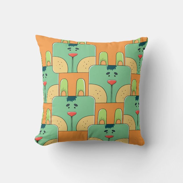Team Bunny Face - Green and Orange Throw Pillow (Front)