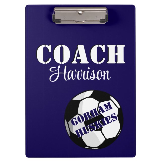 Team Coach Blue and White Soccer Personalized Clipboard (Front)