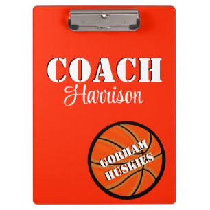 Team Coach Orange and White Basketball Personalize Clipboard