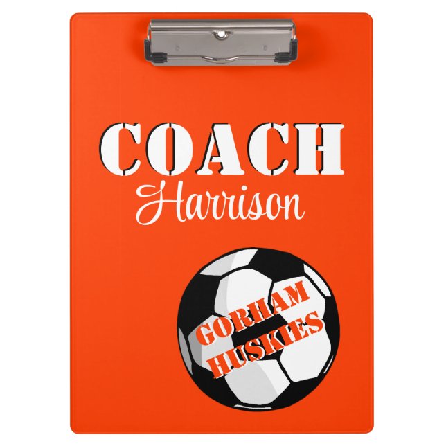 Team Coach Orange and White Soccer Personalized Clipboard (Front)