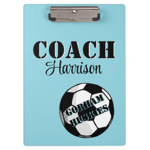 Team Coach Pale Blue and White Soccer Personalized Clipboard