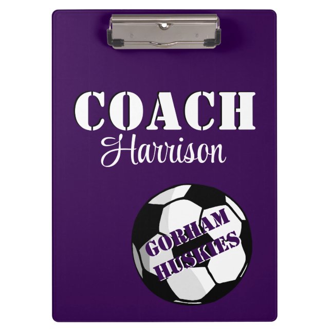 Team Coach Purple and White Soccer Personalized Clipboard (Front)