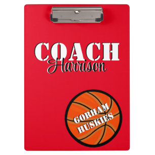 Team Coach Red and White Basketball Personalized Clipboard