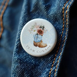 Team Cowboy Western Pink Boot Gender Reveal 2 Inch Round Button<br><div class="desc">These charming team cowboy buttons are the perfect addition to your western-themed cowgirl baby shower, combining rustic elegance with delicate artistry. At the heart of this design lies our stunning, hand-painted western blue baby cowboy boot with florals. Each detail is carefully rendered to evoke the charm and nostalgia of the...</div>