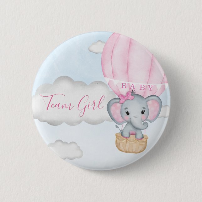 Team Girl Elephant Balloon Baby Shower 2 Inch Round Button (Front)