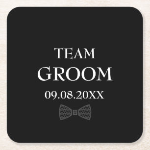 Team Groom Black Elegant Custom Name Gifts Wedding Square Paper Coaster