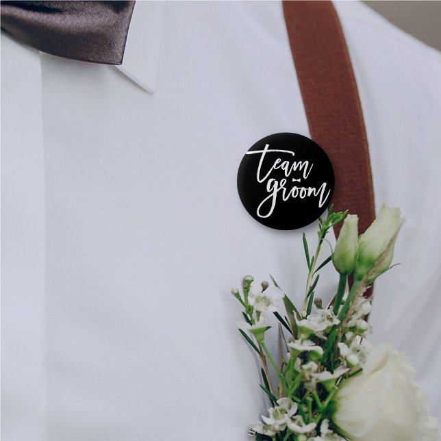 Team Groom Brush Script Bow Tie Chic Wedding Party 2 Inch Round Button ('Team Groom' Bow Tie Brush Script Calligraphy Wedding Rehearsal Pin Button @ fatfatin_blue_knot)