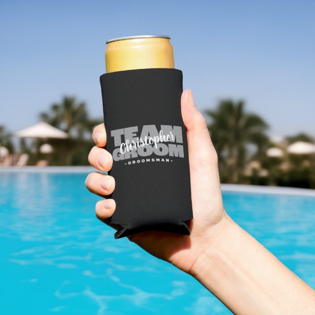 Team Groom Groomsman Name Wedding Party Black Grey Seltzer Can Cooler (In Situ Pool)