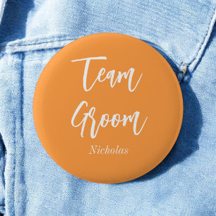 Team Groom Orange White Wedding Button