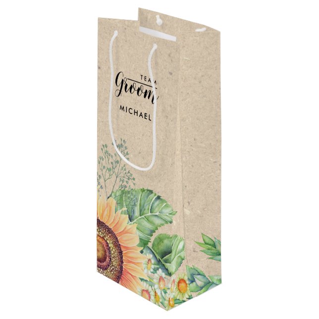 Team Groom. Sunflower Kraft Paper Wine Bags (Front Angled)
