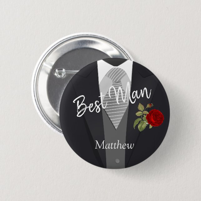 Team Groom Tuxedo Suit  - Red Rose 2 Inch Round Button (Front & Back)