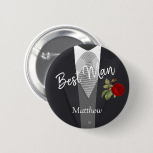 Team Groom Tuxedo Suit  - Red Rose 2 Inch Round Button